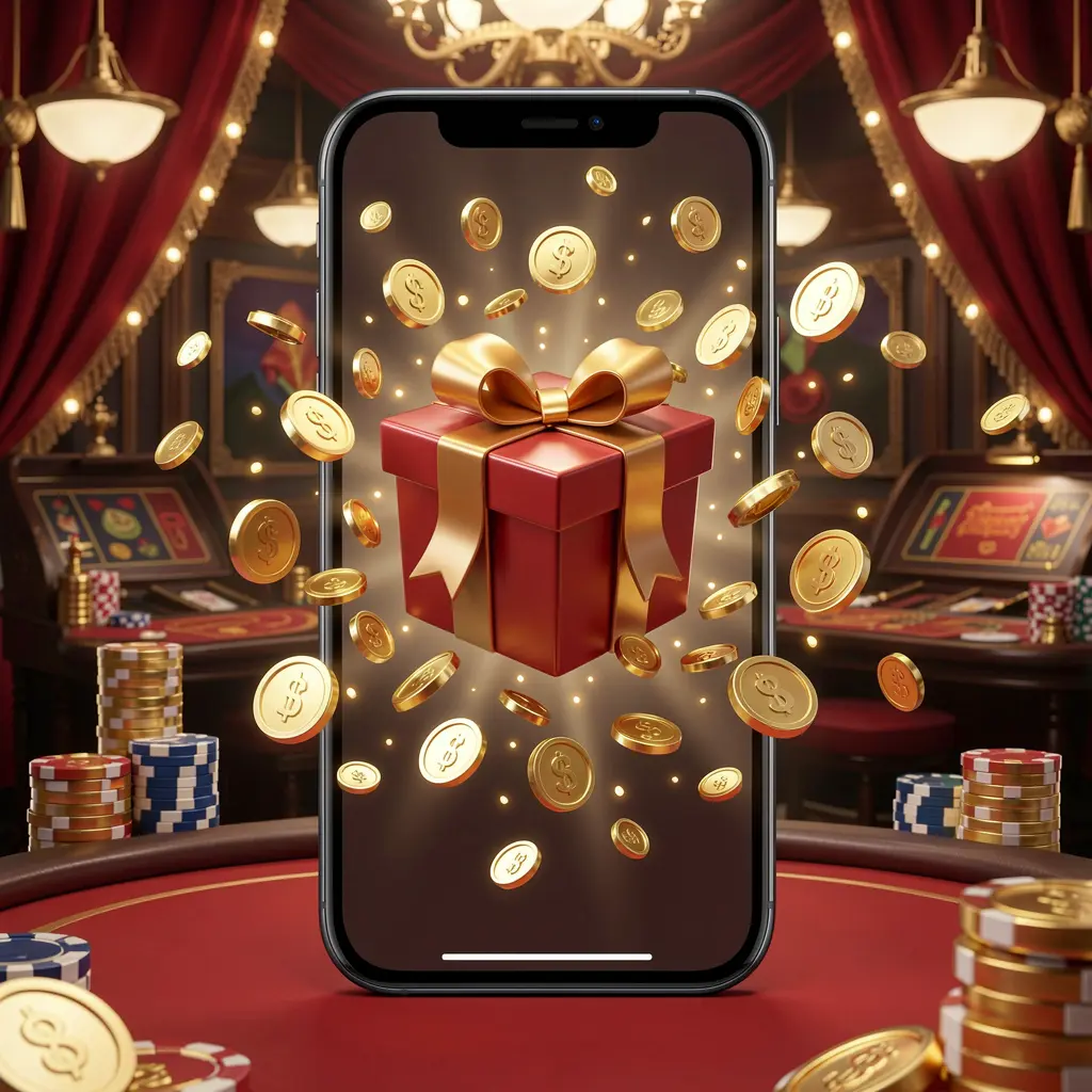 UDM19 mobile casino bonus app concept showing a phone screen with a gift box and coins bursting out in a festive casino atmosphere with premium 3D illustration UDM19 mobile casino bonus app concept showing a phone screen with a gift box and coins bursting out in a festive casino atmosphere with premium 3D illustration