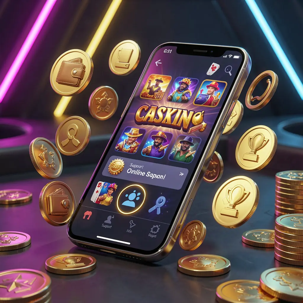 UDM19 online casino app features on a smartphone surrounded by icons for wallet, games, support, and rewards with golden coins and neon lights in a luxury 3D render UDM19 online casino app features on a smartphone surrounded by icons for wallet, games, support, and rewards with golden coins and neon lights in a luxury 3D render