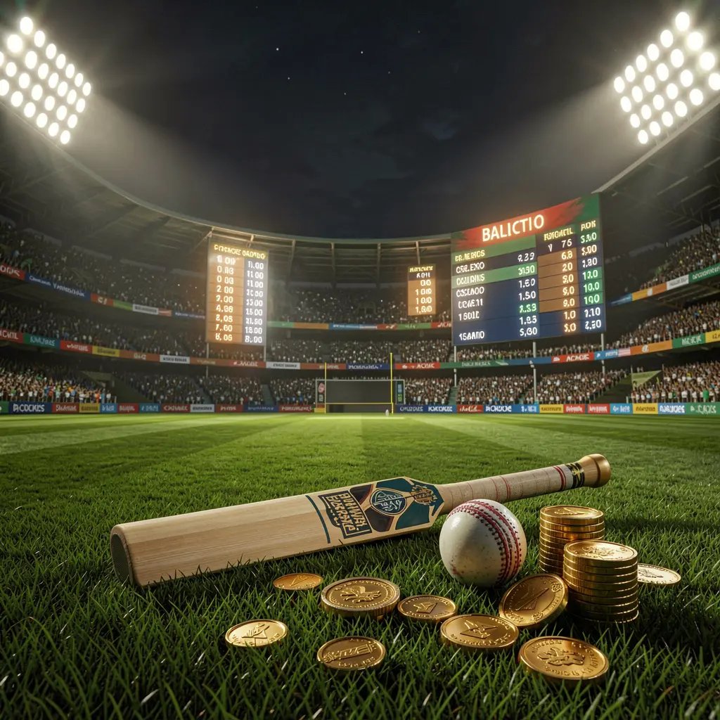 UDM19 cricket betting page hero banner featuring a cricket stadium at night with bright floodlights, a cricket bat and ball on a green pitch, glowing odds panels, and golden coins in a premium dark cinematic 3D render atmosphere UDM19 cricket betting page hero banner featuring a cricket stadium at night with bright floodlights, a cricket bat and ball on a green pitch, glowing odds panels, and golden coins in a premium dark cinematic 3D render atmosphere