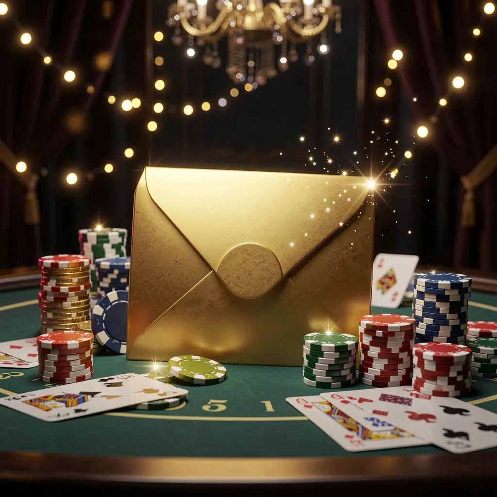 Exclusive casino promotion scene featuring UDM19 golden envelope surrounded by chips, coins, and playing cards with sparkling lights on a luxury dark background Exclusive casino promotion scene featuring UDM19 golden envelope surrounded by chips, coins, and playing cards with sparkling lights on a luxury dark background