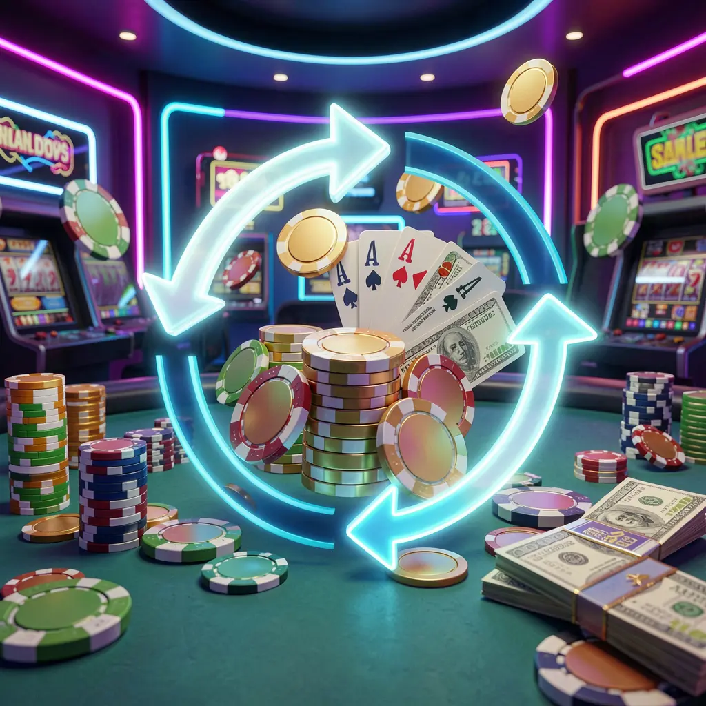 UDM19 reload bonus casino visual featuring glowing circular arrows around coins, chips, and cash with a modern neon casino background in high detail 3D render UDM19 reload bonus casino visual featuring glowing circular arrows around coins, chips, and cash with a modern neon casino background in high detail 3D render