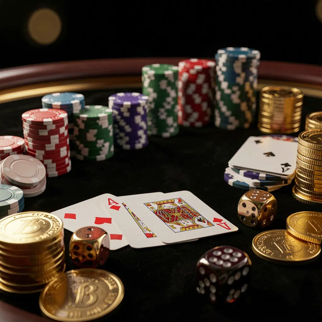 Close-up of an elegant UDM19 casino table featuring poker chips, playing cards, dice, and gold coins with soft cinematic lighting against a luxury black background Close-up of an elegant UDM19 casino table featuring poker chips, playing cards, dice, and gold coins with soft cinematic lighting against a luxury black background