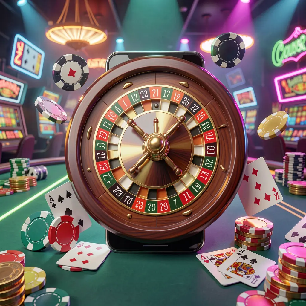 UDM19 mobile casino experience with a smartphone surrounded by a roulette wheel, chips, cards, and coins in a bright neon casino atmosphere UDM19 mobile casino experience with a smartphone surrounded by a roulette wheel, chips, cards, and coins in a bright neon casino atmosphere