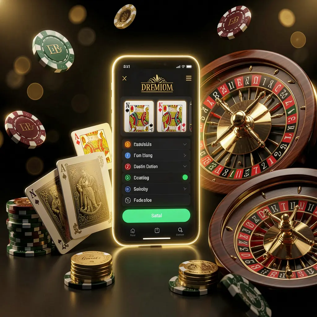 UDM19 online casino account portal featuring a glowing smartphone, premium cards, chips, roulette wheel, and coins on a black and gold background with cinematic lighting in a realistic 3D render UDM19 online casino account portal featuring a glowing smartphone, premium cards, chips, roulette wheel, and coins on a black and gold background with cinematic lighting in a realistic 3D render