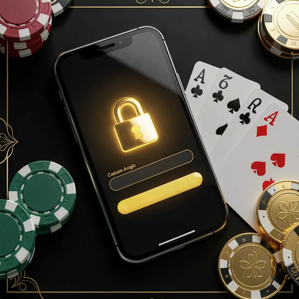UDM19 secure casino account login concept with glowing lock icon on smartphone screen, poker chips, playing cards, and golden coins on elegant black and gold background UDM19 secure casino account login concept with glowing lock icon on smartphone screen, poker chips, playing cards, and golden coins on elegant black and gold background