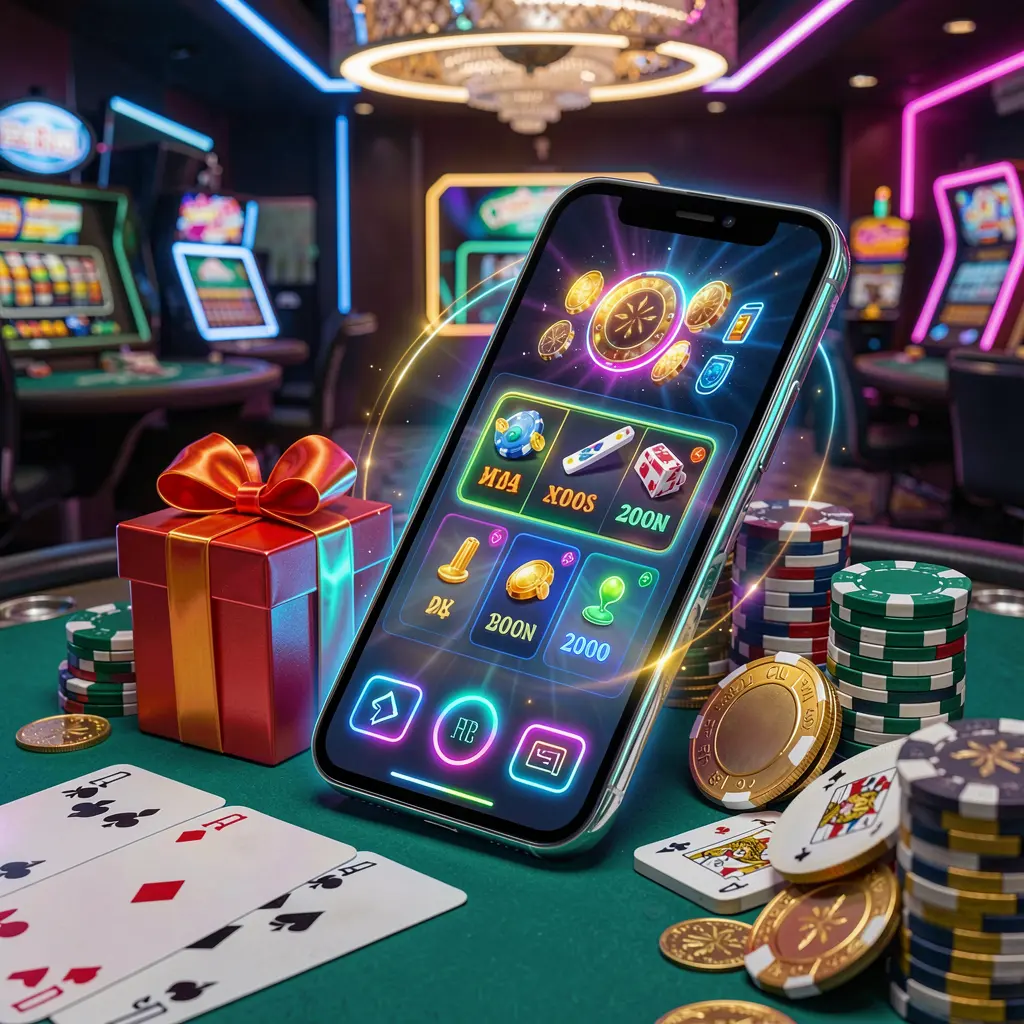 Modern casino website hero scene featuring a smartphone with a glowing interface surrounded by bonus gift box, chips, coins, and playing cards in a premium neon casino style, showcasing UDM19 brand Modern casino website hero scene featuring a smartphone with a glowing interface surrounded by bonus gift box, chips, coins, and playing cards in a premium neon casino style, showcasing UDM19 brand